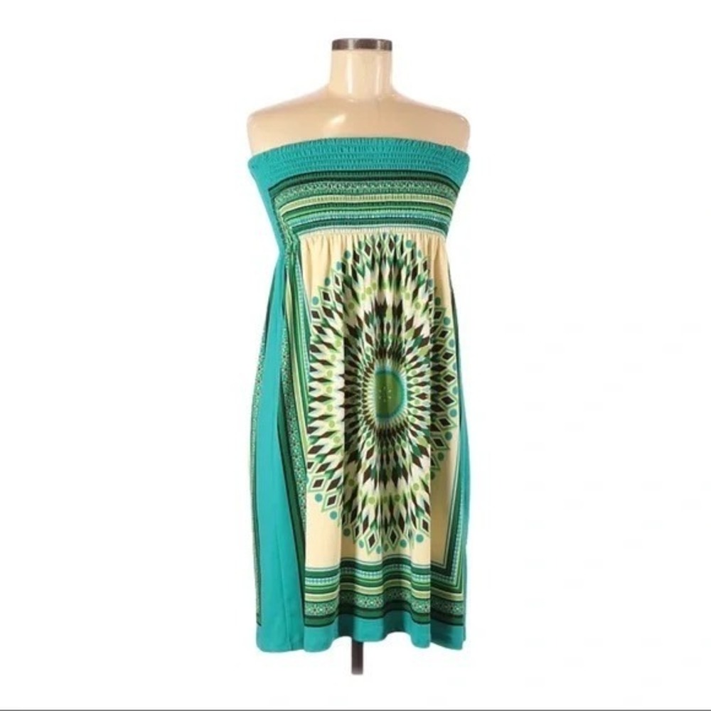 Bailey Blue Womens Teal Green Medallion Smocked‎ Strapless Tube Dress Midi M